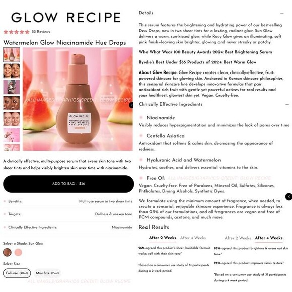 LIKE NEW GLOW RECIPE Watermelon Glow Niacinamide Hue Drops Sun Glow Dew Drops - Picture 5 of 12